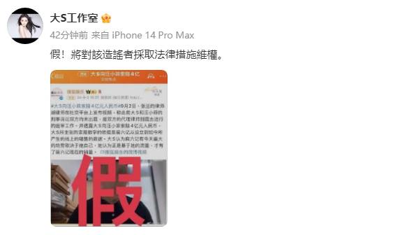 大S工作室将维权 大S方辟谣向汪小菲索赔4亿元
